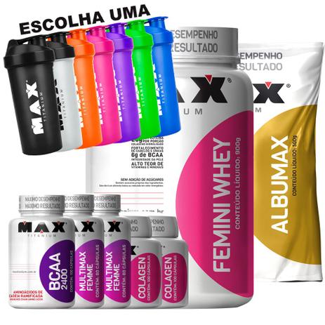 Kit Albumax Femini Whey Colagen Multimax Femme Bcaa Max Tita - Max titanium Menor preço em Kit Albumax Femini Whey Colagen Multimax Femme Bcaa Max Tita - Max titanium