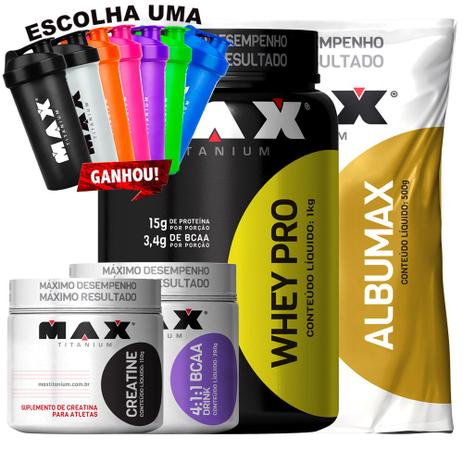 Kit Albumina Whey Pro Bcaa Drink Creatina Coq - Max Titanium Menor preço em Kit Albumina Whey Pro Bcaa Drink Creatina Coq - Max Titanium