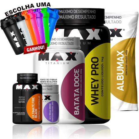 Kit Albumina Whey Protein Batata Doce Bcaa Drink Fire Black - Max titanium Menor preço em Kit Albumina Whey Protein Batata Doce Bcaa Drink Fire Black - Max titanium