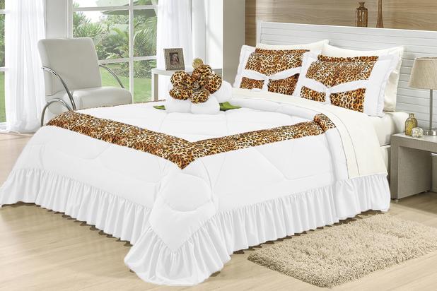 Kit amazonas casal king estampa onca - 1 cobre leito 3,10x2,80m - 2 porta travesseiro 0,75x0,50m - 1 almofada de flor ta - Meu lar enxovais é boa?