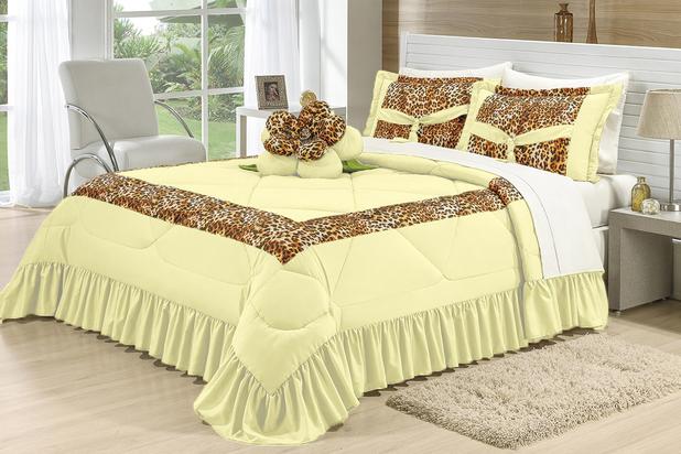 Kit amazonas casal queen estampa onca - 1 cobre leito 2,70x2,60m - 2 porta travesseiro 0,75x0,50m - 1 almofada de flor t - Meu lar enxovais é boa?