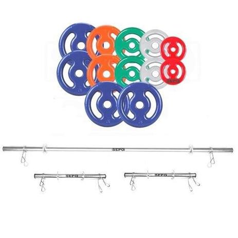 Kit Anilhas Emborrachada 30kg + 2 Barras 40cm + 1 Barra 1,5m - Sepo - Pesos Menor preço em Kit Anilhas Emborrachada 30kg + 2 Barras 40cm + 1 Barra 1,5m - Sepo - Pesos