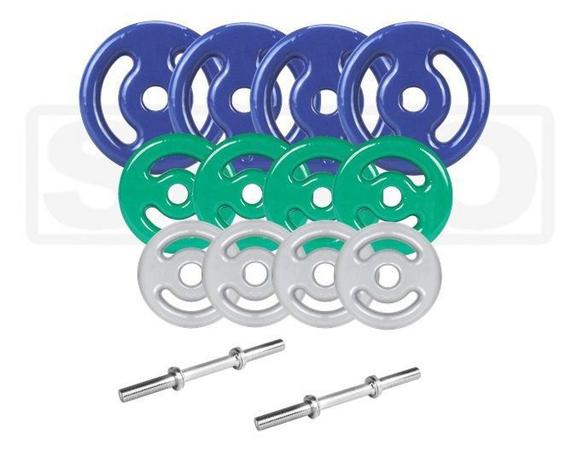 Kit Anilhas Emborrachadas 40 Kg + 02 Barras 40cm Maciça c/ Rosca - Sepo - Pesos Menor preço em Kit Anilhas Emborrachadas 40 Kg + 02 Barras 40cm Maciça c/ Rosca - Sepo - Pesos