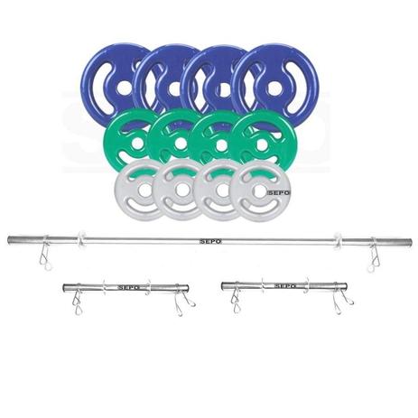 Kit Anilhas Emborrachadas 40 Kg + Barras com Presilhas - Rlm store Menor preço em Kit Anilhas Emborrachadas 40 Kg + Barras com Presilhas - Rlm store