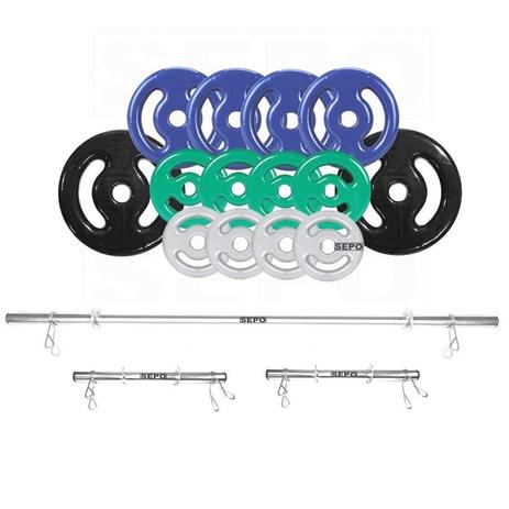 Kit Anilhas Emborrachadas 60 Kg + Barras com Presilhas - Rlm store Menor preço em Kit Anilhas Emborrachadas 60 Kg + Barras com Presilhas - Rlm store