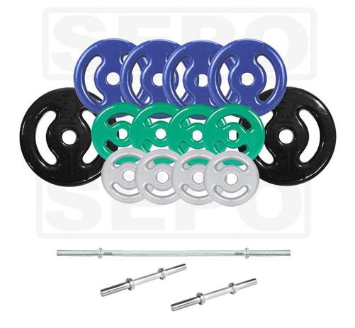 Kit Anilhas Emborrachadas 60 Kg + Barras Maciças com Rosca - Sepo - pesos Menor preço em Kit Anilhas Emborrachadas 60 Kg + Barras Maciças com Rosca - Sepo - pesos