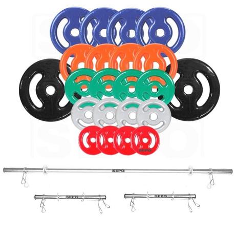 Kit Anilhas Emborrachadas 80 Kg + Barras com Presilhas - Rlm store Menor preço em Kit Anilhas Emborrachadas 80 Kg + Barras com Presilhas - Rlm store