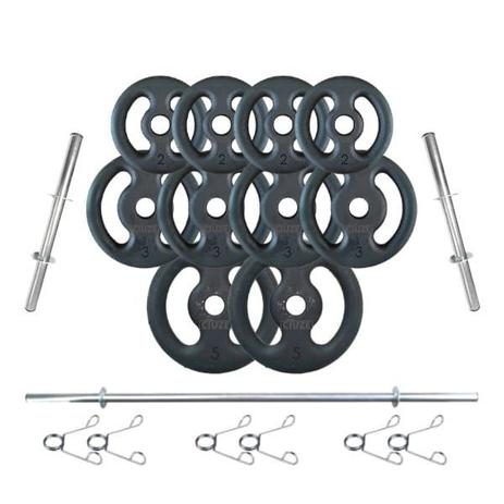 Kit Anilhas Ferro Fundido 30 Kg + Barras Com Presilhas - CIUZE Menor preço em Kit Anilhas Ferro Fundido 30 Kg + Barras Com Presilhas - CIUZE