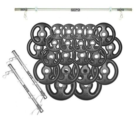 Kit Anilhas Ferro Fundido 80 Kg + Barras com Presilhas - Sepo - pesos Menor preço em Kit Anilhas Ferro Fundido 80 Kg + Barras com Presilhas - Sepo - pesos
