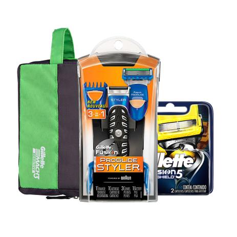 Kit Aparelho De Barbear Gillette Proglide Styler + 2 Cargas Fusion Proshield + Necessaire Menor preço em Kit Aparelho De Barbear Gillette Proglide Styler + 2 Cargas Fusion Proshield + Necessaire