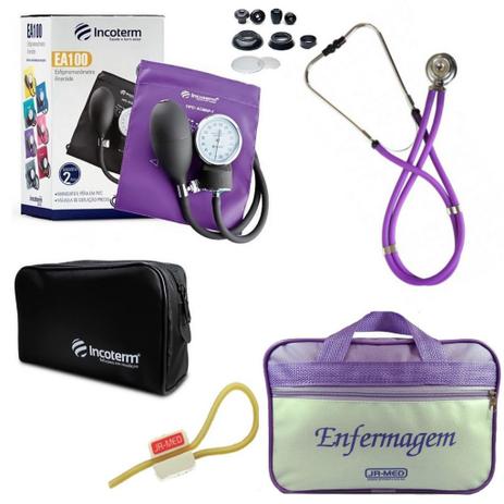 Kit Aparelho De Pressão com Estetoscópio Rappaport Incoterm Lilás + Bolsa JRMED + Garrote JRMED Menor preço em Kit Aparelho De Pressão com Estetoscópio Rappaport Incoterm Lilás + Bolsa JRMED + Garrote JRMED