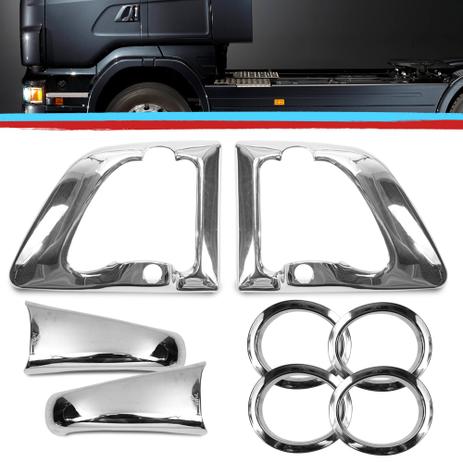 Kit Aplique Capa Macaneta Puxador Fechadura Moldura Farol Scania S5 1998 A 2018 08 Pecas Cromado - Jetta Menor preço em Kit Aplique Capa Macaneta Puxador Fechadura Moldura Farol Scania S5 1998 A 2018 08 Pecas Cromado - Jetta