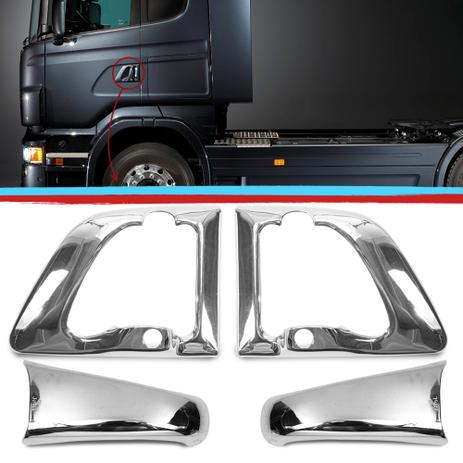 Kit Aplique Capa Macaneta Puxador Fechadura Scania S5 1998 A 2018 04 Pecas Cromado - Jetta Menor preço em Kit Aplique Capa Macaneta Puxador Fechadura Scania S5 1998 A 2018 04 Pecas Cromado - Jetta
