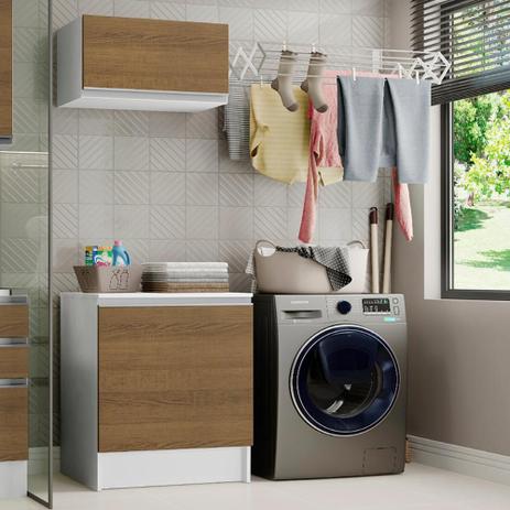 Kit Área de Serviço Madesa Topazio 60 cm com Armário e Balcão - Branco/Rustic Menor preço em Kit Área de Serviço Madesa Topazio 60 cm com Armário e Balcão - Branco/Rustic