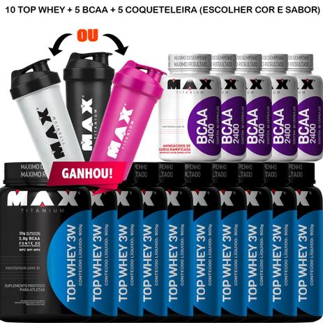 Kit Atacado Revenda 10x Top Whey 3w 900g + Brindes Bcaa Coqueteleira - Max titanium Menor preço em Kit Atacado Revenda 10x Top Whey 3w 900g + Brindes Bcaa Coqueteleira - Max titanium