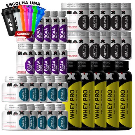 Kit Atacado Revenda - Whey + Creatina + Bcaa + Ômega 3 - Max Titanium Menor preço em Kit Atacado Revenda - Whey + Creatina + Bcaa + Ômega 3 - Max Titanium