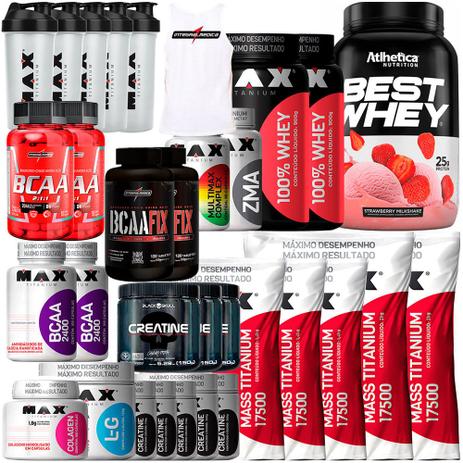 Kit Atacado Whey Protein Mass Bcaa Creatina Glutamina - Max tianium Menor preço em Kit Atacado Whey Protein Mass Bcaa Creatina Glutamina - Max tianium