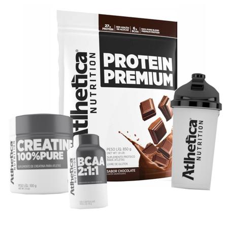 Kit Atlhetica Nutrition Pro Series PROTEIN PREMIUM 850g Chocolate + BCAA + CREATINA + coqueteleira Menor preço em Kit Atlhetica Nutrition Pro Series PROTEIN PREMIUM 850g Chocolate + BCAA + CREATINA + coqueteleira