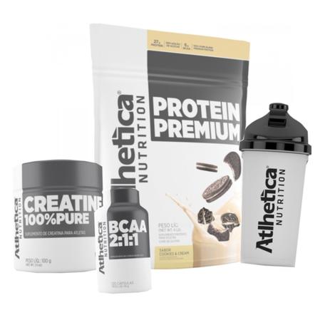 Kit Atlhetica Nutrition Pro Series PROTEIN PREMIUM 850g Cookies Cream + BCAA + CREATINA + coqueteleira Menor preço em Kit Atlhetica Nutrition Pro Series PROTEIN PREMIUM 850g Cookies Cream + BCAA + CREATINA + coqueteleira