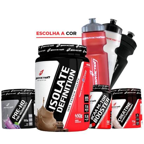 Kit Aumento de Massa Muscular e Disposição - Whey Isolate + Bcaa + Creatina + Pre Treino - Body action Menor preço em Kit Aumento de Massa Muscular e Disposição - Whey Isolate + Bcaa + Creatina + Pre Treino - Body action
