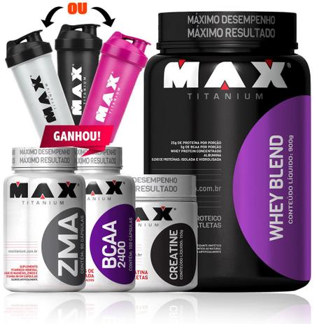 Kit Aumento De Massa Whey Blend + Bcaa + Creatina + Zma Max - Max titanium Menor preço em Kit Aumento De Massa Whey Blend + Bcaa + Creatina + Zma Max - Max titanium