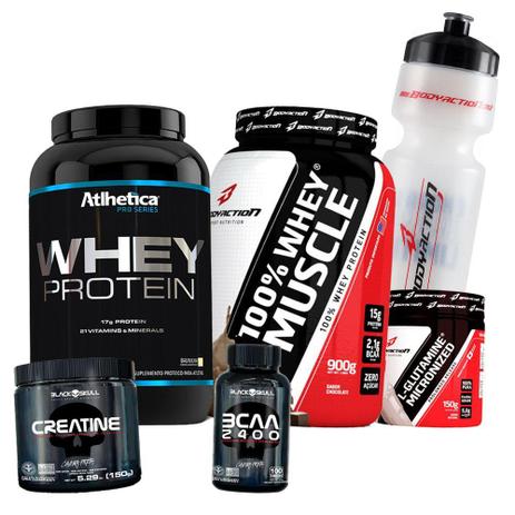 Kit Aumento de Musculo - 2x Whey + Bcaa + Creatina + Glutamina + Garrafa - Body action Menor preço em Kit Aumento de Musculo - 2x Whey + Bcaa + Creatina + Glutamina + Garrafa - Body action