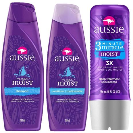 Kit Aussie Moist: Shampoo + Condicionador 180ml + Tratamento 3 Minutos 236ml Menor preço em Kit Aussie Moist: Shampoo + Condicionador 180ml + Tratamento 3 Minutos 236ml
