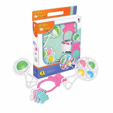 Kit Baby Play Bebê 3 Peças Chocalho Mordedor Rosa - Art baby Menor preço em Kit Baby Play Bebê 3 Peças Chocalho Mordedor Rosa - Art baby