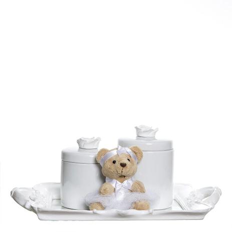 Kit Bandeja Espelho Com 2 Potes E Ursinha Branca Quarto Bebê Menina - Potinho de mel é boa?