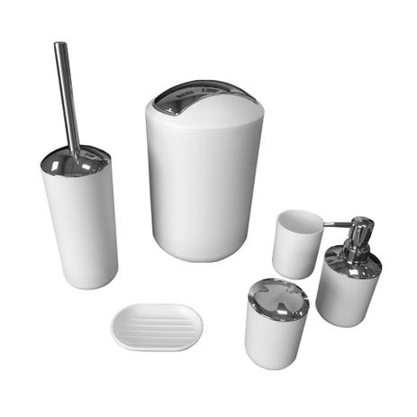 Kit Banheiro Lixeira Saboneteira Porta Escova Copo 6 Pçs - Branco - RE Menor preço em Kit Banheiro Lixeira Saboneteira Porta Escova Copo 6 Pçs - Branco - RE