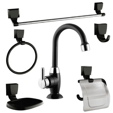 Kit Banheiro Lorenzetti Quadra 05 Peças com Torneira Preto/Cromado Menor preço em Kit Banheiro Lorenzetti Quadra 05 Peças com Torneira Preto/Cromado