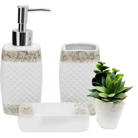 Kit Banheiro Montreal Porcelana 3 Peças e Mini Vaso Suculentas Artificial - Yazi e Jolitex Menor preço em Kit Banheiro Montreal Porcelana 3 Peças e Mini Vaso Suculentas Artificial - Yazi e Jolitex