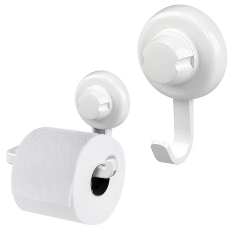 Kit Banheiro Papeleira e Gancho Cabide Fixação Por Ventosa ABS Branco - Future Menor preço em Kit Banheiro Papeleira e Gancho Cabide Fixação Por Ventosa ABS Branco - Future