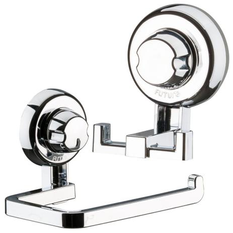 Kit Banheiro Papeleira e Gancho Duplo Fixação Por Ventosa ABS Cromado - Future Menor preço em Kit Banheiro Papeleira e Gancho Duplo Fixação Por Ventosa ABS Cromado - Future