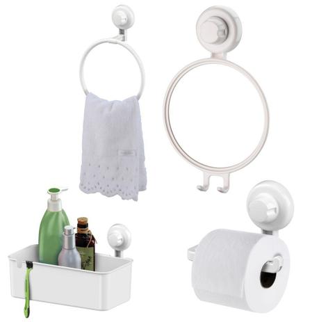 Kit Banheiro Papeleira, Toalheiro, Espelho Antiembaçante e Cesto Retangular Fixação Por Ventosa ABS Branco - Future Menor preço em Kit Banheiro Papeleira, Toalheiro, Espelho Antiembaçante e Cesto Retangular Fixação Por Ventosa ABS Branco - Future