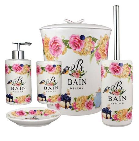 Kit Banheiro Porcelana Porta Sabonete Escova Lixeira Bain Design 5 pçs - Amigo gold Menor preço em Kit Banheiro Porcelana Porta Sabonete Escova Lixeira Bain Design 5 pçs - Amigo gold