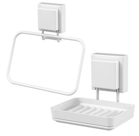 Kit Banheiro Saboneteira e Toalheiro Fixação Ventosa Branco - Future Menor preço em Kit Banheiro Saboneteira e Toalheiro Fixação Ventosa Branco - Future
