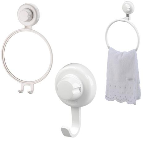 Kit Banheiro Toalheiro, Espelho Antiembaçante e Gancho Cabide Fixação Por Ventosa ABS Branco - Future Menor preço em Kit Banheiro Toalheiro, Espelho Antiembaçante e Gancho Cabide Fixação Por Ventosa ABS Branco - Future