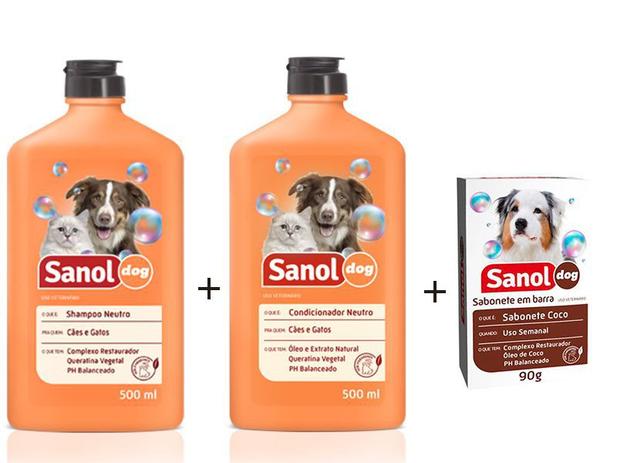 Kit Banho para Cães e Gatos Shampoo Neutro + Condicionador Neutro Para Cães e Gatos + Sabonete em Barras Côco Sanol Dog Menor preço em Kit Banho para Cães e Gatos Shampoo Neutro + Condicionador Neutro Para Cães e Gatos + Sabonete em Barras Côco Sanol Dog