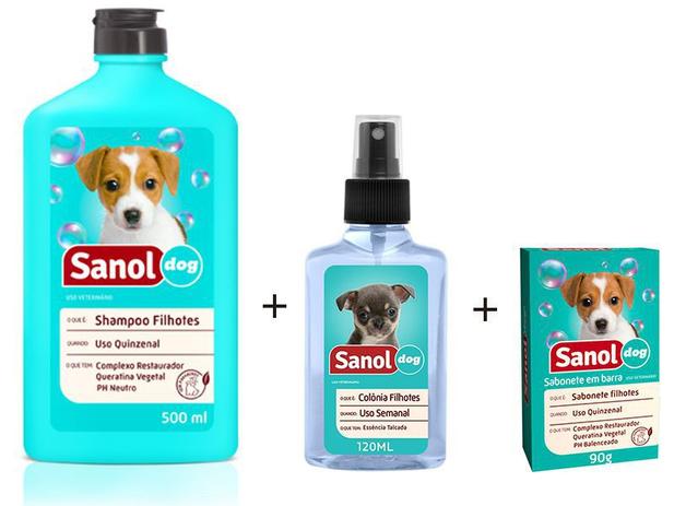 Menor preço em Kit Banho para Cães Filhotes: Shampoo + Sabonete em Barra + Colônia Filhotes Sanol Dog