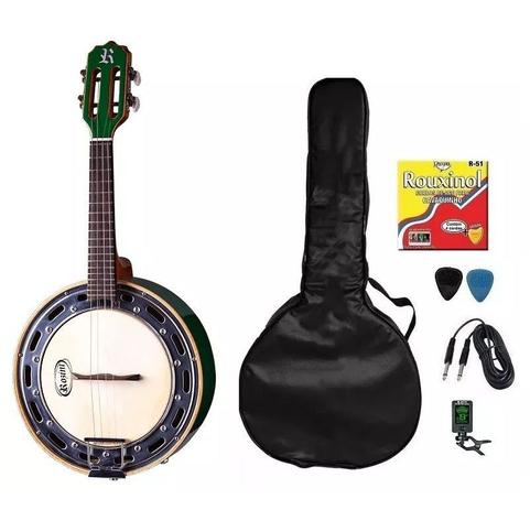 Kit Banjo Rozini Verde Elétrico Capa Cabo Afinador Palhetas Menor preço em Kit Banjo Rozini Verde Elétrico Capa Cabo Afinador Palhetas