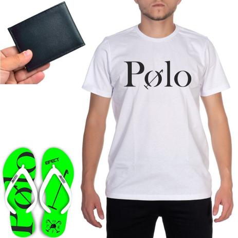 Kit Barato Presente Camiseta Polo Estampa + Chinelo/Sandália Tiras + Carteira CNH Cartões Masculina - Efect