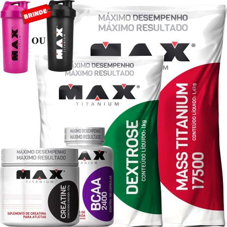 Kit Básico Hipercalórico + Bcaa + Creatina + Dextrose - Max titanium Menor preço em Kit Básico Hipercalórico + Bcaa + Creatina + Dextrose - Max titanium