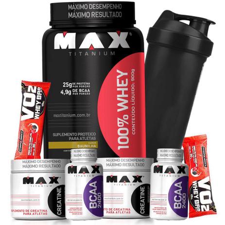 Menor preço em Kit basico Max Titanium 100 Whey Proten 900g 2x Creatina 100g 2x Bcaa 2400 60cap 2x Barrinha Copo
