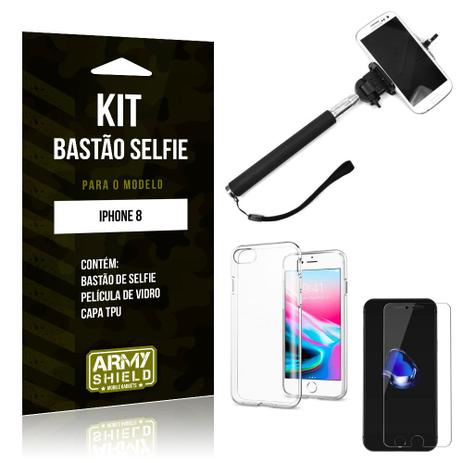 Kit Bastão de Selfie Apple iPhone 8 Bastão + Capa + Película de Vidro - Armyshield Menor preço em Kit Bastão de Selfie Apple iPhone 8 Bastão + Capa + Película de Vidro - Armyshield