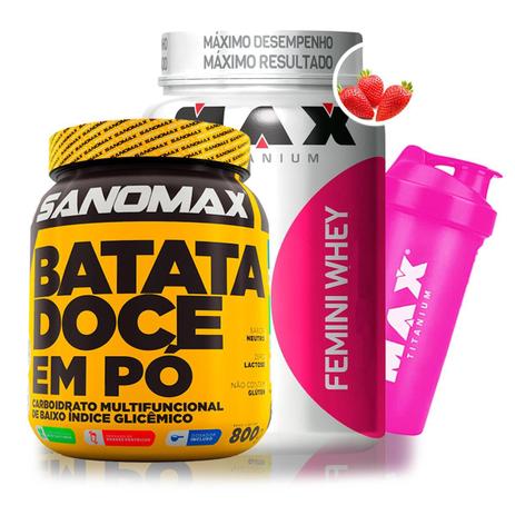 Kit Batata Doce em Pó 800g - Sanomax + Femini Whey 900g + Coqueteleira - Max Titanium Menor preço em Kit Batata Doce em Pó 800g - Sanomax + Femini Whey 900g + Coqueteleira - Max Titanium