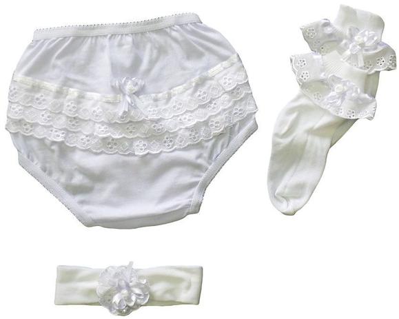 kit Batizado Meia, Calcinha e Tiara - Nenêkids Menor preço em kit Batizado Meia, Calcinha e Tiara - Nenêkids