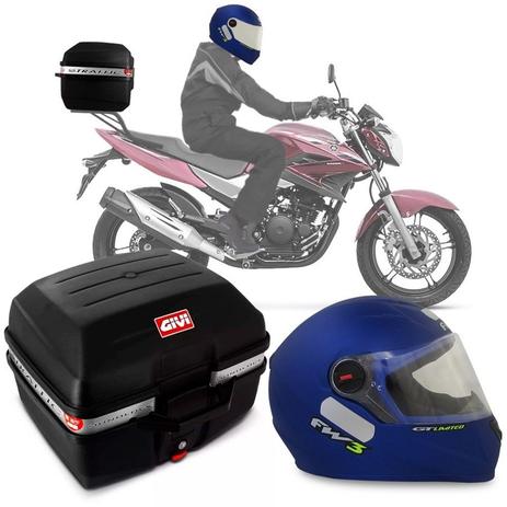 Kit Baú Givi Moto 27l + Capacete Azul Fosco Com Amarelo Menor preço em Kit Baú Givi Moto 27l + Capacete Azul Fosco Com Amarelo