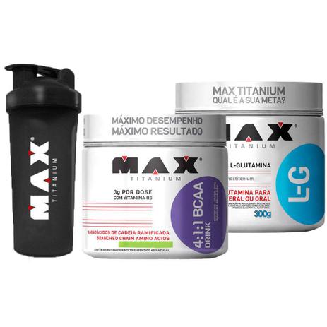 Kit Bcaa Drink Em Pó 280g + Glutamina 300g + Coqueteleira Ma - Max titanium Menor preço em Kit Bcaa Drink Em Pó 280g + Glutamina 300g + Coqueteleira Ma - Max titanium