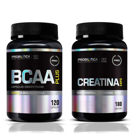 Kit Bcaa Plus 800mg 120 cáps + Creatina 180cáps - Probiótica Menor preço em Kit Bcaa Plus 800mg 120 cáps + Creatina 180cáps - Probiótica
